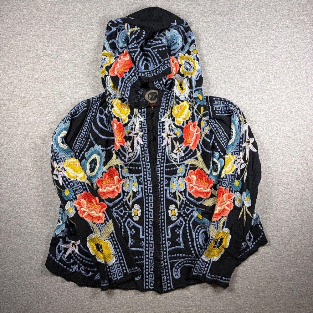 Johnny Was Biya Nessava Hoodie Women M Black Floral Embroidered Cardigan